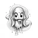 Crying cartoon ghost holding dripping heart in claws tattoo design idea