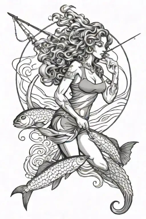 A black and white tattoo design of a slim thick long curly haired women fishing tattoo design idea