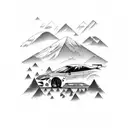 A sleek drift car drifting through a winding mountain road tattoo design idea
