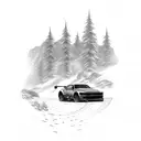 A sleek drift car drifting through a winding mountain road tattoo design idea