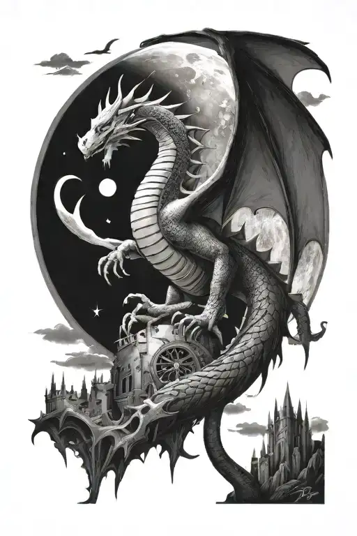 fantasy dragon climbing a tower with a moon above tattoo design idea