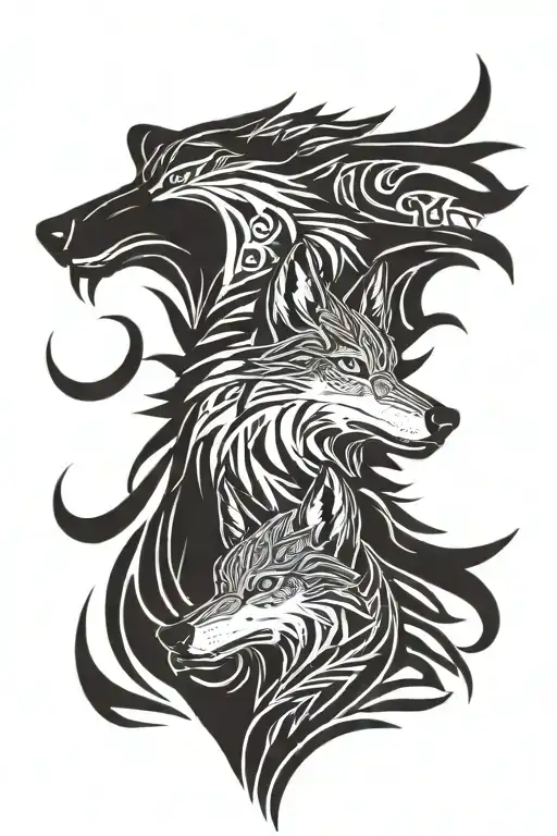 wolf and raven head, side profile of heads,  tattoo design idea