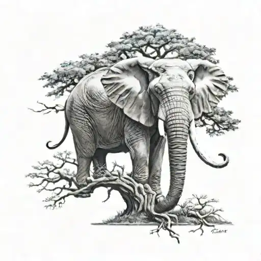 oak tree with Stem in the shape of an elephant and a baby elephant tattoo design idea