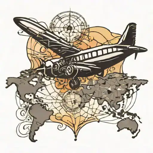 world map in heart with small black aeroplane  tattoo design idea