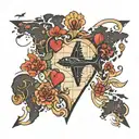 world map in heart with small black aeroplane  tattoo design idea