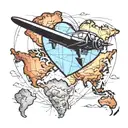 world map in heart with small black aeroplane  tattoo design idea