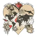 world map in heart with small black aeroplane  tattoo design idea