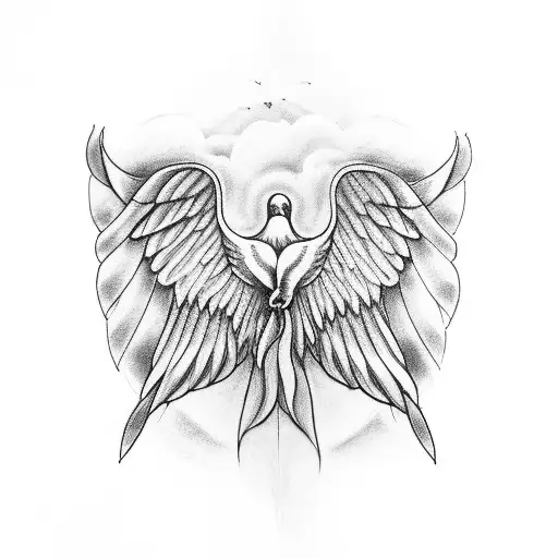 angel with wings, clouds, dove tattoo design idea