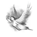 angel with wings, clouds, dove tattoo design idea