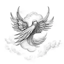 angel with wings, clouds, dove tattoo design idea