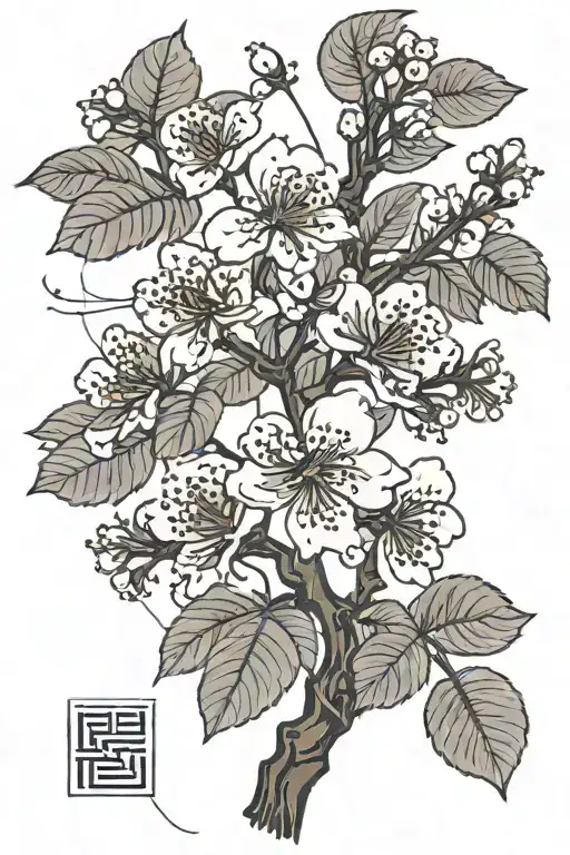 cherry tree branch, korean symbols incorporated, elements of nature, neuroscience, flowers, tattoo design idea