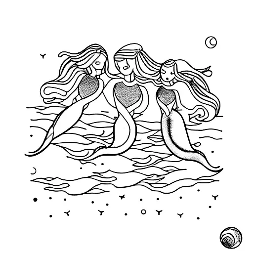 three mermaids in line swimming and a full moon tattoo design idea