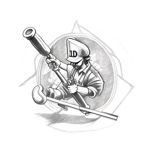 A sketch style tattoo of a plumber holding a wrench and smoking a joint, with the numbers 4:20 incorporated in the background tattoo design idea