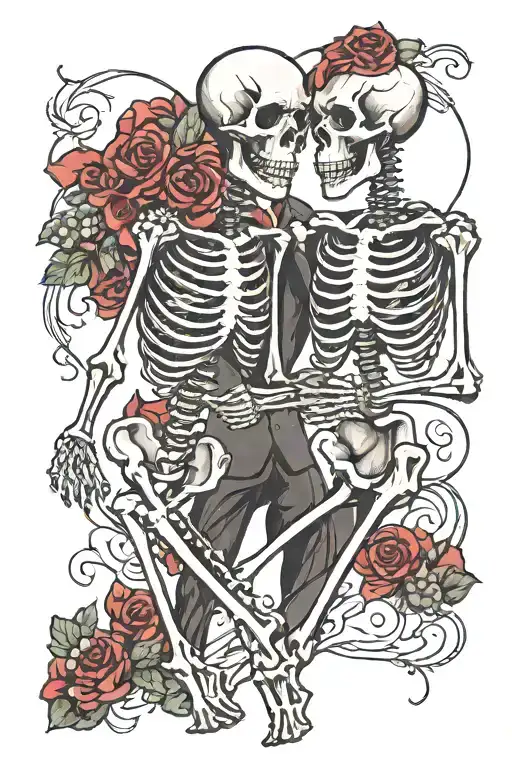 slow dancing skeletons in love tattoo design idea