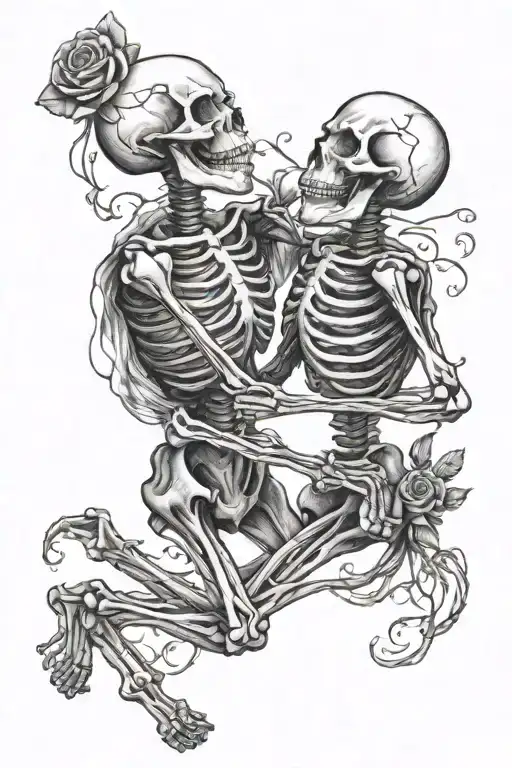 slow dancing skeletons holding hands in love tattoo design idea