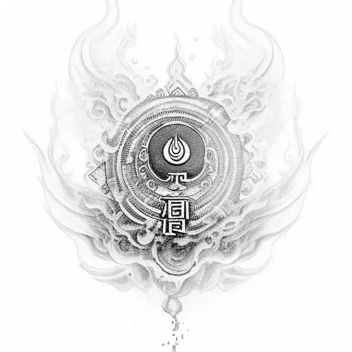 A glass filled with a smoky drink surrounded by intricate buddhist symbols tattoo design idea