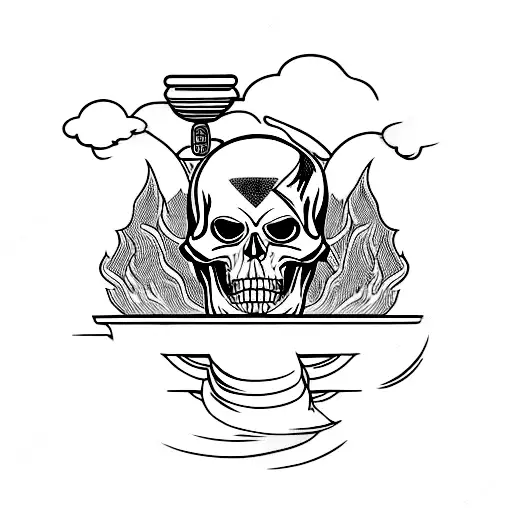 Flaming skull riding a motorbike through the mountains while smoking a blunt with buddha tattoo design idea