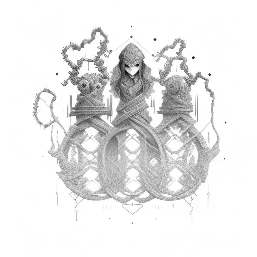 A trio of Moiras weaving the threads of fate with intricate patterns tattoo design idea