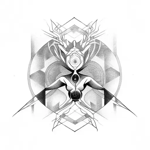 An abstract representation of Atropos, the Moira who cuts the thread of life, using bold black lines tattoo design idea