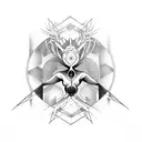 An abstract representation of Atropos, the Moira who cuts the thread of life, using bold black lines tattoo design idea