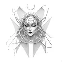 An abstract representation of Atropos, the Moira who cuts the thread of life, using bold black lines tattoo design idea