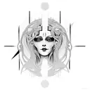 An abstract representation of Atropos, the Moira who cuts the thread of life, using bold black lines tattoo design idea