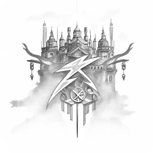 An intricate black-grey design of a courthouse with lightning bolts tattoo design idea