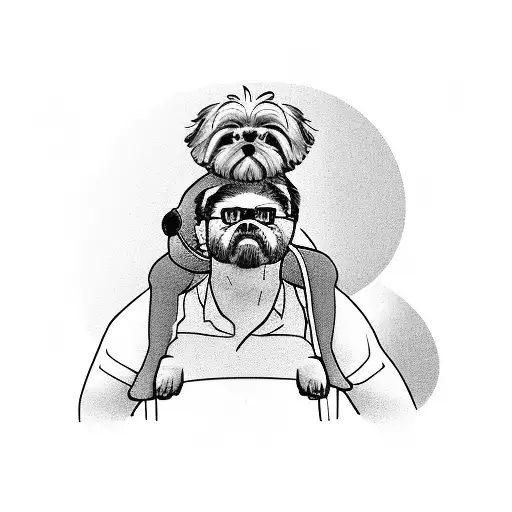 A front shot of a guy riding an mountain bike with his pet Shih-Tzu on his shoulder. tattoo design idea