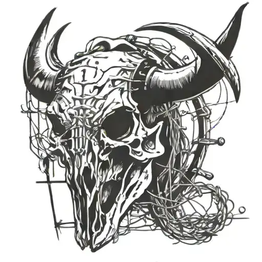 Texas long horn bull skull with barb wire wrapped tattoo design idea
