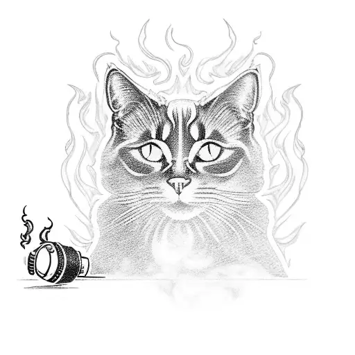 A full black cat with glowing eyes sitting on a Jack Daniels bottle, surrounded by swirling smoke tattoo design idea