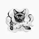 A full black cat with glowing eyes sitting on a Jack Daniels bottle, surrounded by swirling smoke tattoo design idea