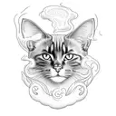 A full black cat with glowing eyes sitting on a Jack Daniels bottle, surrounded by swirling smoke tattoo design idea
