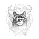 A full black cat with glowing eyes sitting on a Jack Daniels bottle, surrounded by swirling smoke tattoo design idea