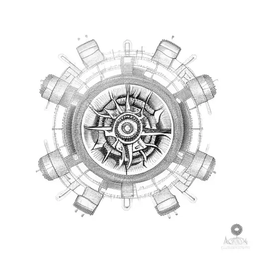 A mechanical sun with gears and cogs, symbolizing the fusion of engineering and the beauty of poetry tattoo design idea