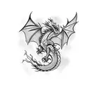 A powerful dragon soaring above an oriental temple, with a katana clutched in its talons tattoo design idea