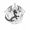 A powerful dragon soaring above an oriental temple, with a katana clutched in its talons tattoo design idea