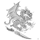 A powerful dragon soaring above an oriental temple, with a katana clutched in its talons tattoo design idea