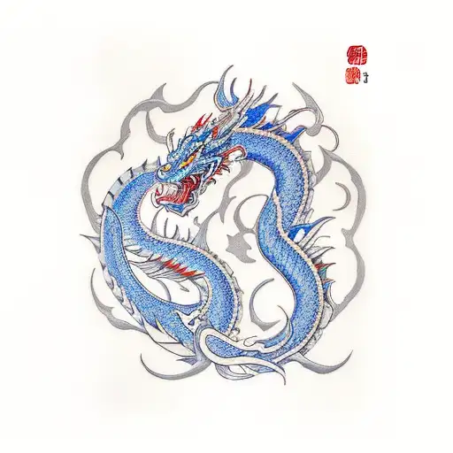 blue dragon style mixed Asian flowers Marrocan design Māori shapes  tattoo design idea