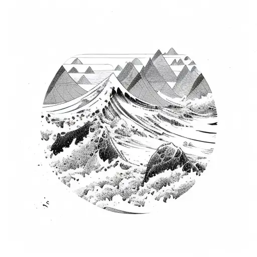 A mountain landscape with ocean waves crashing against the rocks, surrounded by animals and bee's tattoo design idea
