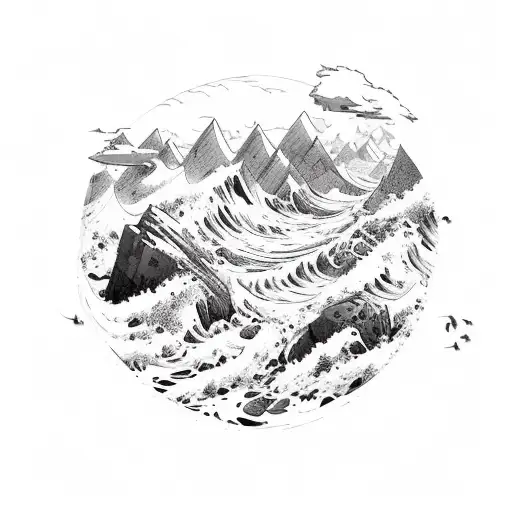 A mountain landscape with ocean waves crashing against the rocks, surrounded by animals and bee's tattoo design idea