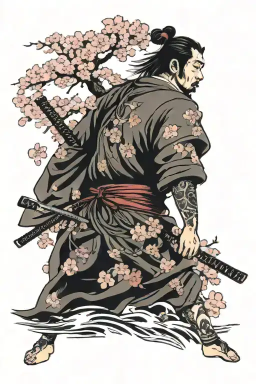 Samurai with temple and cherry blossom trees tattoo design idea