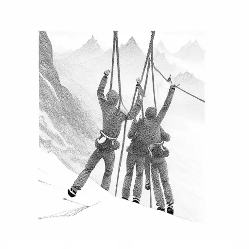 3 brother climbing mountain and 1 fall then another brother hold the hand the falling brother. third one coming for help tattoo design idea