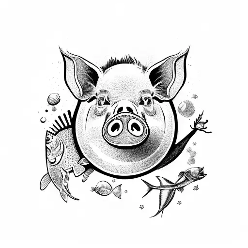 pig and fish with biological elements tattoo design idea