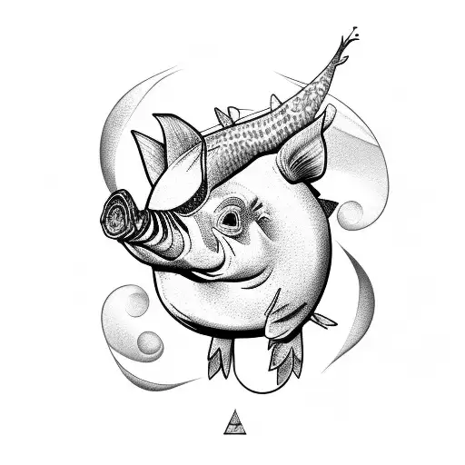  Fish and pig with leafs  tattoo design idea