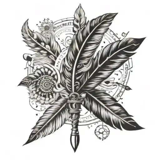 An elegant feather quill pen with intricate details, surrounded by celestial elements and symbols of wisdom tattoo design idea