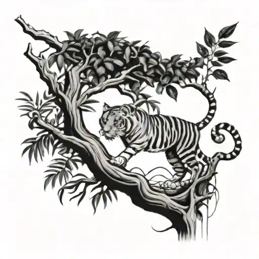 black and white sketch of a leg tattoo with a mangrove tree and a tiger. tattoo design idea
