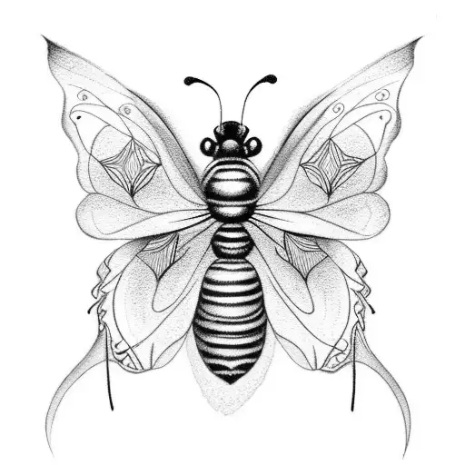 half butterfly half bee in black and white tattoo design idea