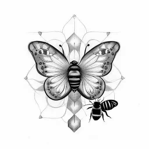Butterfly and bee half of each separated in middle tattoo design idea