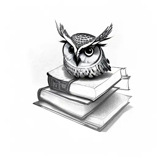 An owl perched on a stack of books with a historical figure's portrait in the background tattoo design idea