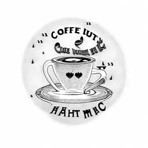 A coffee cup with rock music lyrics written around it, surrounded by historical landmarks tattoo design idea
